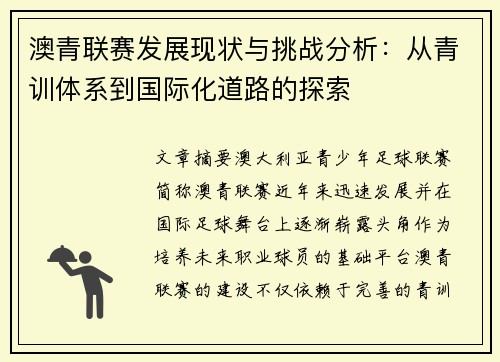澳青联赛发展现状与挑战分析：从青训体系到国际化道路的探索