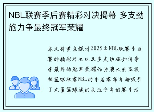 NBL联赛季后赛精彩对决揭幕 多支劲旅力争最终冠军荣耀